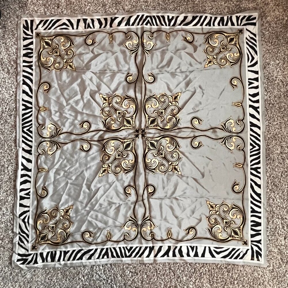 Ellen Tracy 100% Silk Scarf - Zebra and Baroque Print 34"x34"